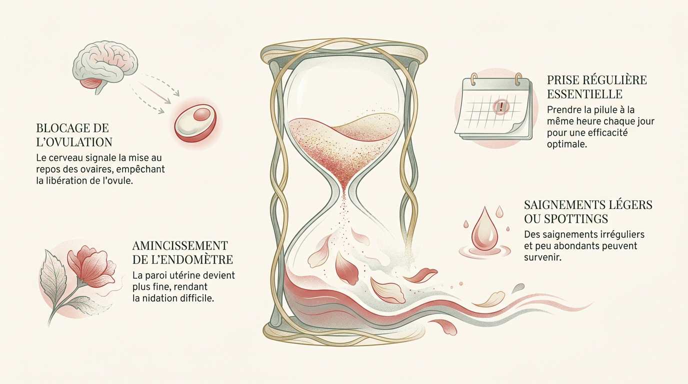Infographie expliquant le fonctionnement hormonal de la pilule Optimizette et son action sur l'endomètre