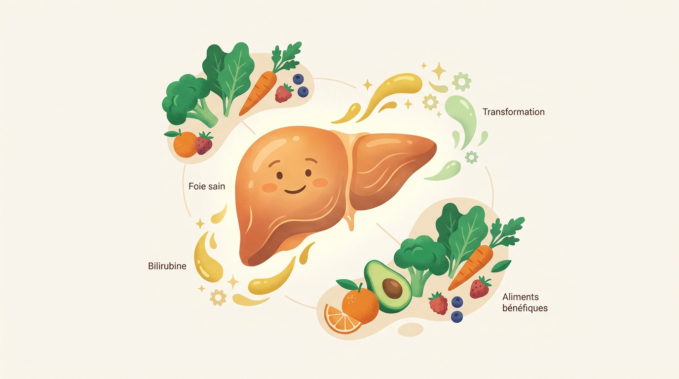 Représentation du foie et d'une alimentation saine pour la gestion de la bilirubine