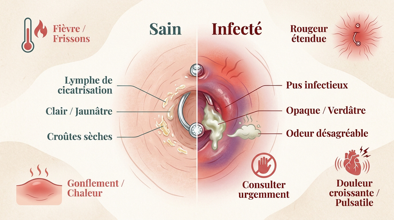 Comparaison entre un piercing au nombril sain et un infecté